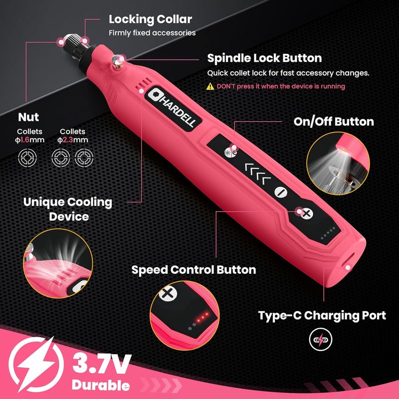ARDELL Mini Cordless Rotary Tool, 5-Speed 3.7V Rechargeable Rotary Tool Kit with 69 Accessories, USB Charging Multi-Purpose DIY Tool for Sanding, Polishing, Drilling, Engraving(Pink 69pcs) - Image 2
